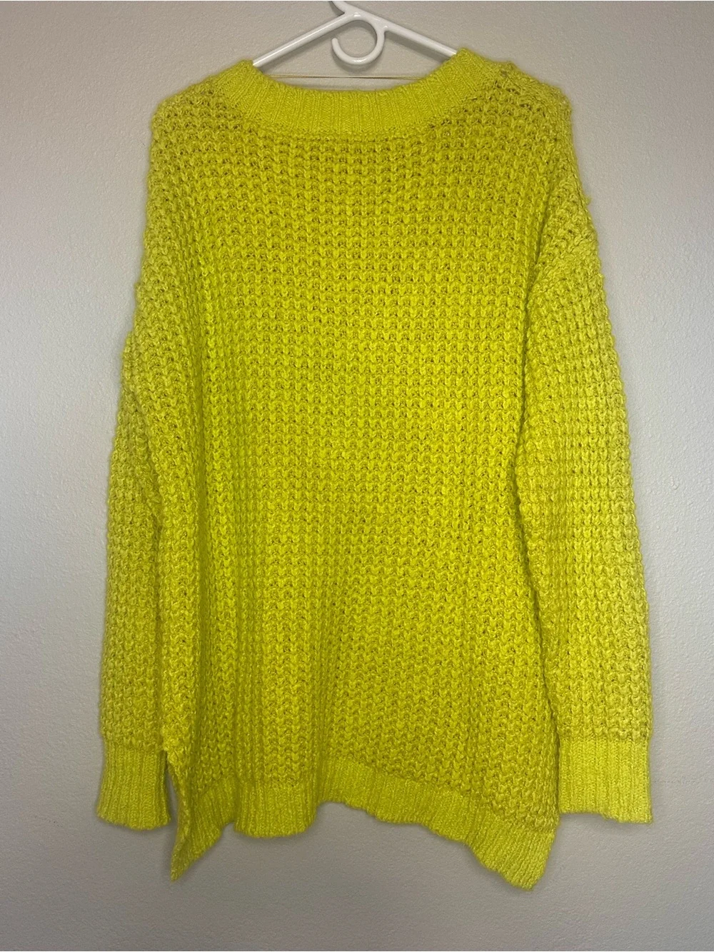 Free People Neon Yellow Chunky V-Neck Button Knit Oversized Sweater Size M